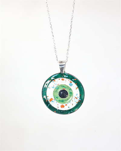 Cloisonné Nazarlık Kolye Yeşil Dokulu Gümüş Zincirli