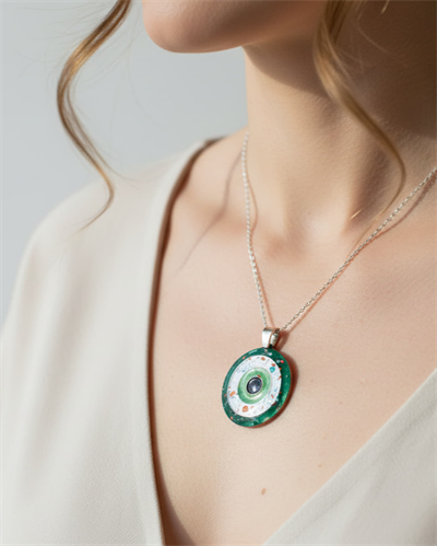 Cloisonné Nazarlık Kolye Yeşil Dokulu Gümüş Zincirli