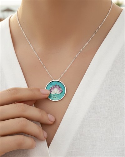Gümüş Lotus Kolye Mor Gümüş Zincirli