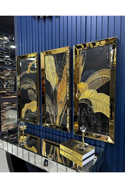 3’lü Gold Aynalı Gold Çerçeveli Herbiri 40x90 cm Aynalı Tablo set