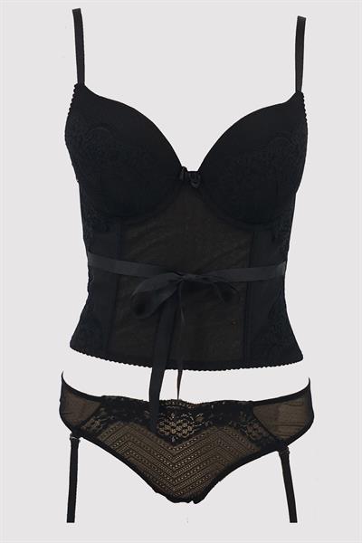 Kadın Siyah 4697 Rome Soft Push Up Dolgulu Dantelli Jartiyer Büstiyer Sütyen Takım(ÇORAP HEDİYELİ)