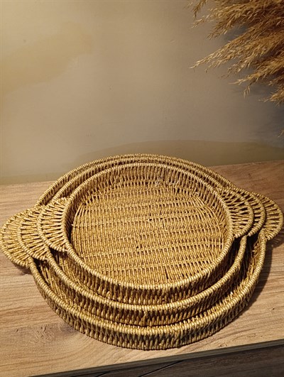 3 Boy Hasır Rattan Örme Tepsi Bambu Kulplu