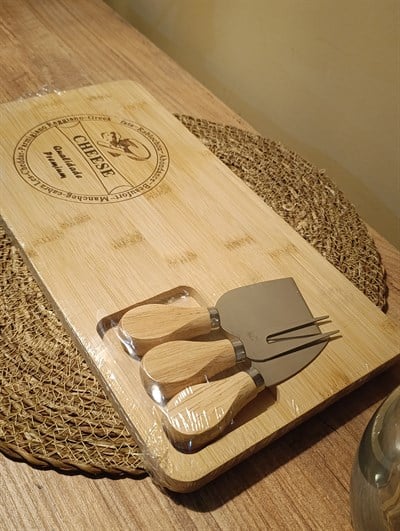 Bambu Peynir Sunum Tahtası, Çatal, Spatula ve Bıçak Seti