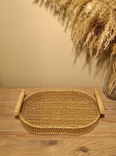 Hasır Rattan Bambu Kulplu Örme Tepsi Küçük Boy Oval