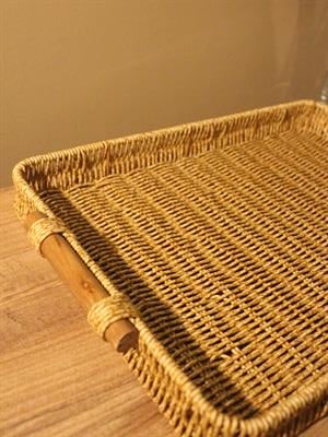Hasır Rattan Sunum Tepsi Geniş Organizer Bambu Kulplu Dikdörtgen