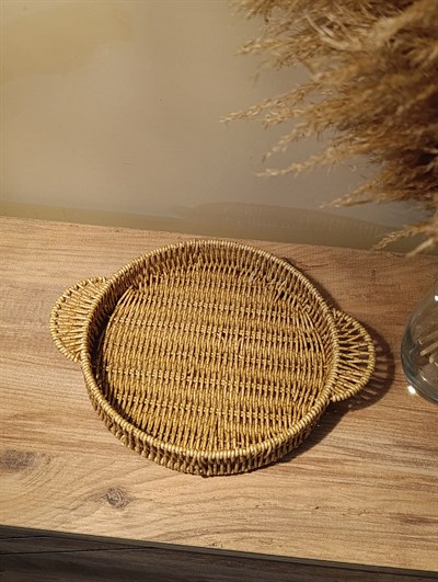Hasır Rattan Sunum Tepsi Küçük Boy Organizer Yuvarlak