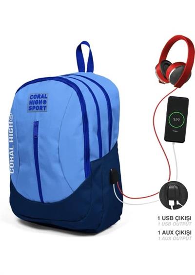 Coral High Gökyüzü Mavisi/saks Rengi USB Şarjlı Kulaklık Çıkışlı Lise Sırt Çantası-(5556)