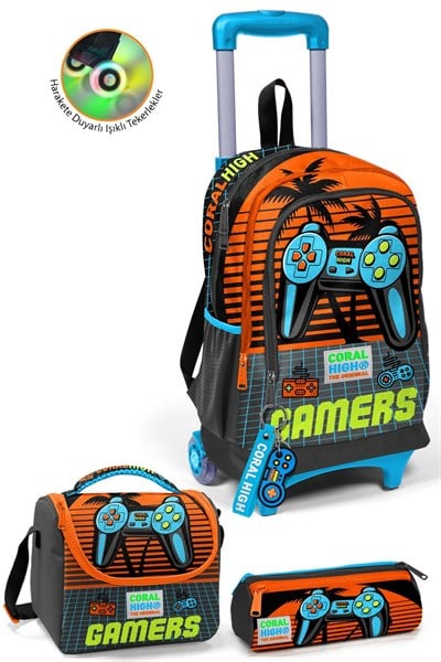 CORAL HİGH KİDS GRİ TURUNCU GAMER DESENLİ ÇEKÇEKLİ 3'LÜ ÇANTA SETİ 
