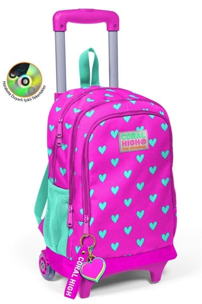 Coral High Kids Neon Pembe Su Yeşili Kalp Desenli Üç Bölmeli Çekçekli Okul Sırt Çantası 23133