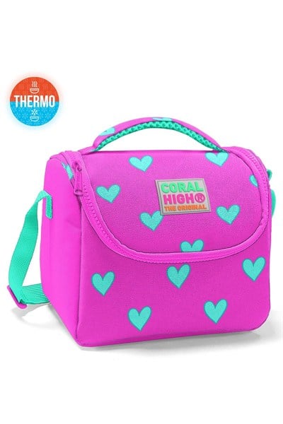 Coral High Kids Neon Pembe Su Yeşili Kalp Desenli Thermo Beslenme Çantası 11806