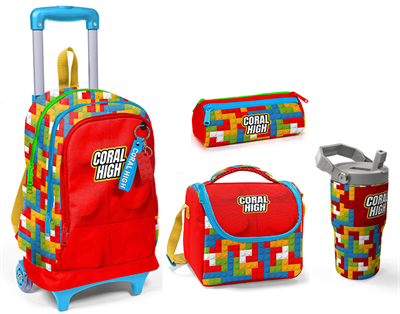 CORAL HİGH KİDS RENKLİ BLOK DESENLİ  600 ml ÇELİK TERMOSLU 4'LÜ ÇEKÇEKLİ OKUL ÇANTA SETİ SETİ