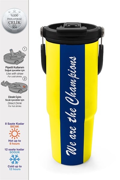 Coral High Kids Sarı Lacivert Çubuklu Pipetli ve Direkt İçim Çelik Termos 900 ml 38730