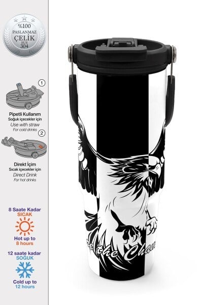 Coral High Kids Siyah Beyaz Kartal Taraftar Desenli Pipetli ve Direkt İçim Çelik Termos 900 ml 38732