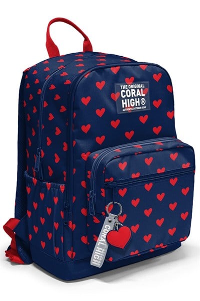 Coral High Lacivert Kırmızı Kalp Desenli Okul Sırt Çantası 33229