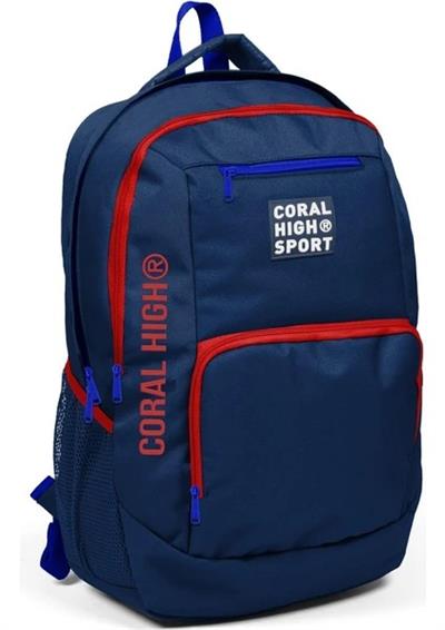 Coral Hıgh Lacivert/Kırmızı Renkli USB Şarjlı Kulaklık Çıkışlı Lise Sırt Çantası-(5553)