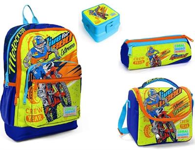 Coral High Motorsiklet Yarışçısı Desenli Erkek Çocuk İlkokul Çanta Seti- Dört Parçalı Set-(5763)