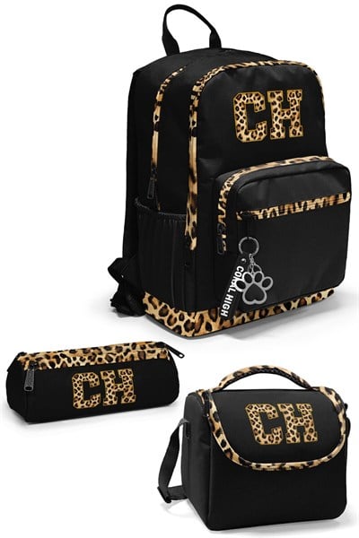 CORAL HİGH SİYAH LEOPAR CH HARF DESENLİ 3'LÜ OKUL ÇANTA SETİ 