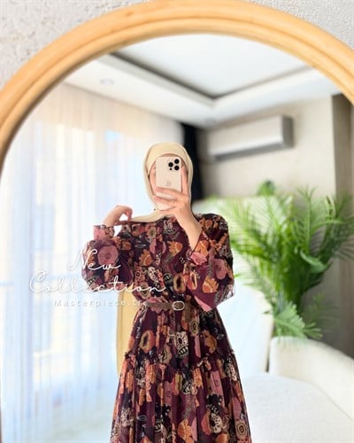 Kemerli Çiçek Desenli Katlı Elbise