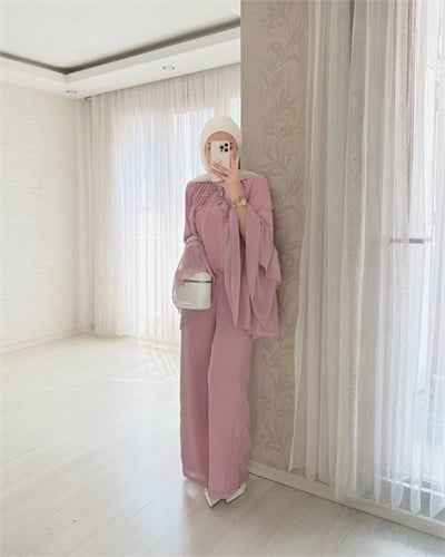 Lina Volan ve Fırfır Detaylı Tasarım Pantolonlu İkili Takım Gül Kurusu