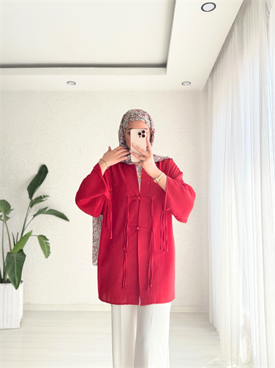 Liva Ön Düğme ve Bağcık Detaylı Tunik Kırmızı