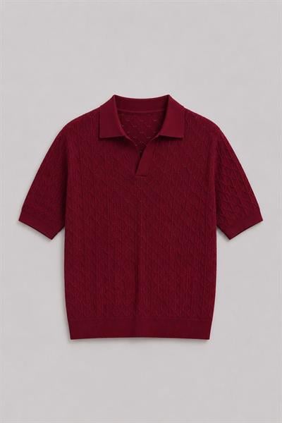 Bordo Monoco Örgü Polo Yaka Triko