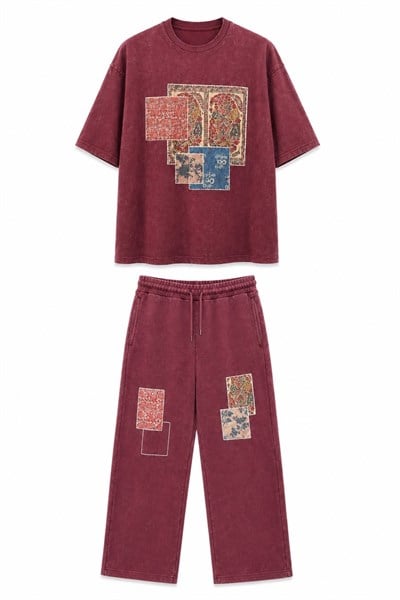 Desenli Oversize Eşofman Takımı Bordo