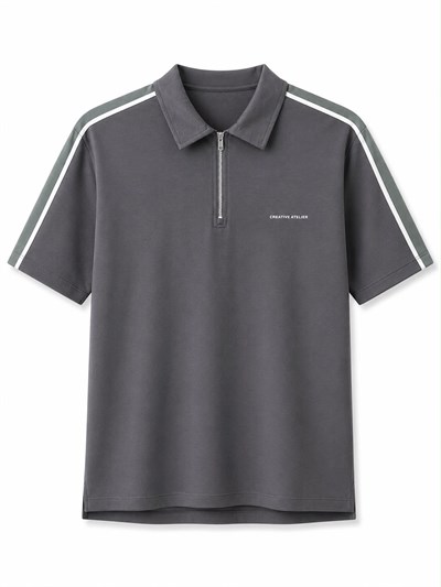 Erkek Şerit Detaylı Fermuarlı Polo Yaka T-shirt Gri