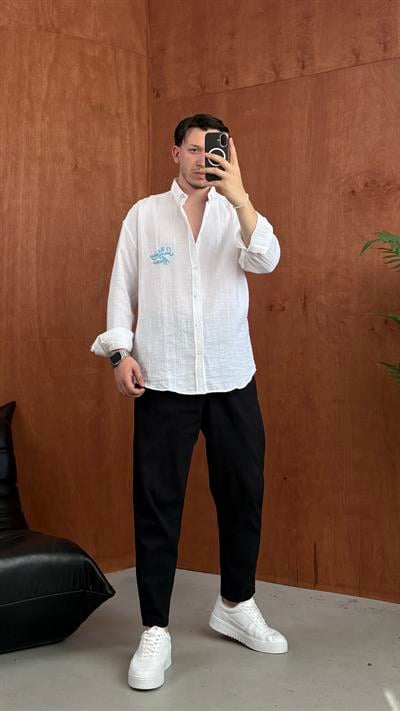 Oversize Baskılı Keten Gömlek Beyaz