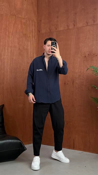 Oversize Baskılı Keten Gömlek Lacivert