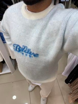 Oversize Yazı Detaylı Yün Kazak Mavi