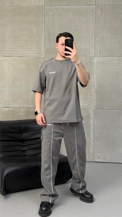 Oversize Yıkama Kumaş Şerit Detaylı Eşofman Takım