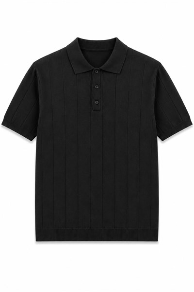 Regular Fit Örme Triko Polo Yaka T-Shirt Siyah