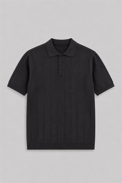 Regular Fit Örme Triko Polo Yaka T-Shirt Siyah