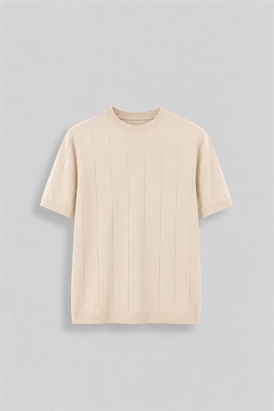 Regular Fit Örme Triko T-Shirt Bej