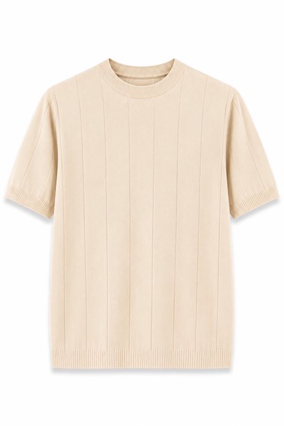 Regular Fit Örme Triko T-Shirt Bej