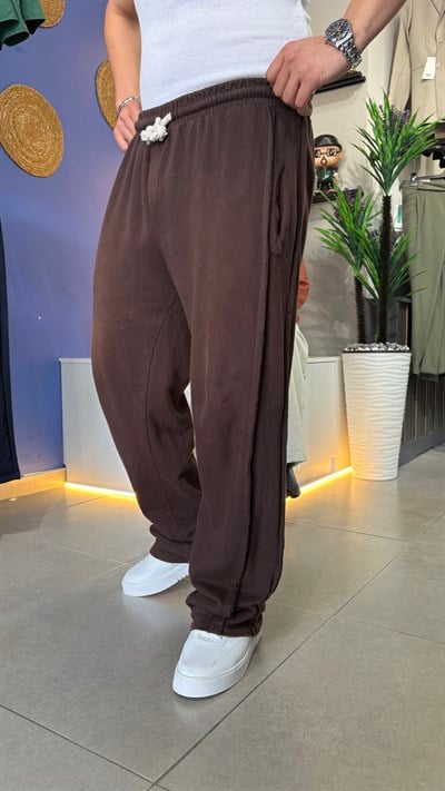 Yeni Sezon Baggy Çift Şerit Detaylı Eşofman Kahverengi