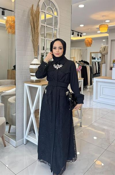 My312 Cepleri Taşlı Dantel Elbise