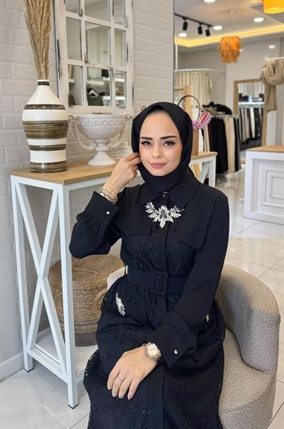 My312 Cepleri Taşlı Dantel Elbise