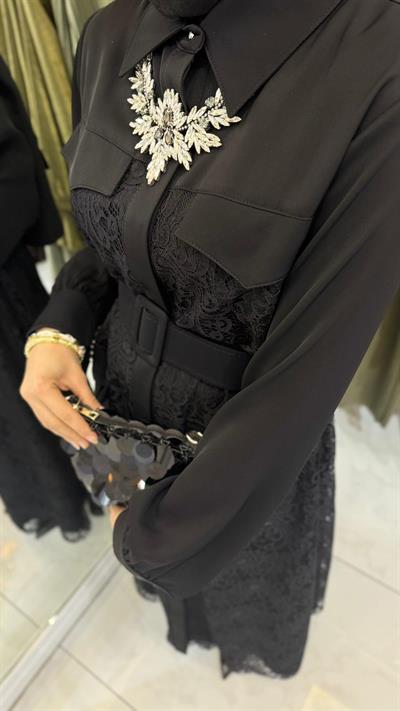 My312 Cepleri Taşlı Dantel Elbise