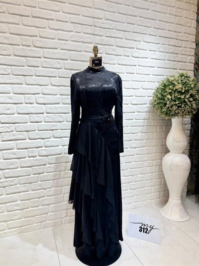 My312 Şifon Detaylı Jakar Elbise