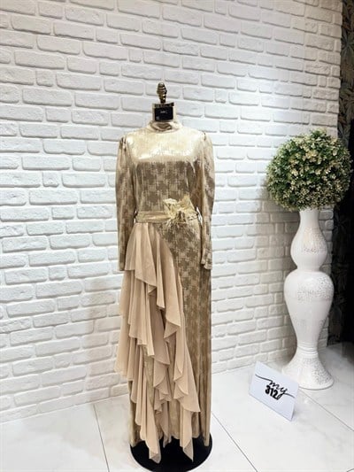 My312 Şifon Detaylı Jakar Elbise