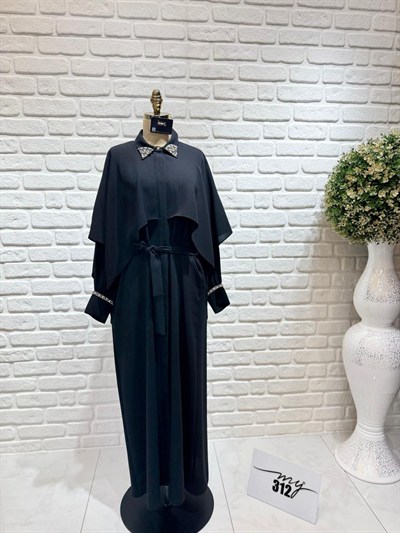 My312 Yakası Taşlı Pelerinli Elbise