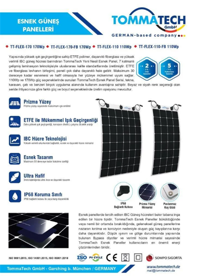 TommaTech 170Wp Flexible(Esnek) Dark Series Güneş Panelleri