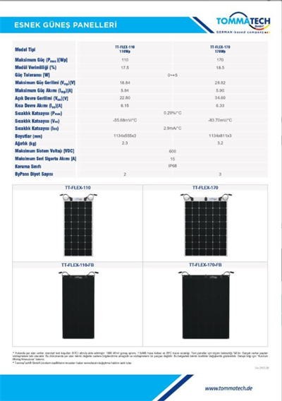 TommaTech 170Wp Flexible(Esnek) Dark Series Güneş Panelleri