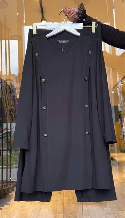 Bambu Kumaş Düğme Detaylı Pantolonlu Takım -Siyah