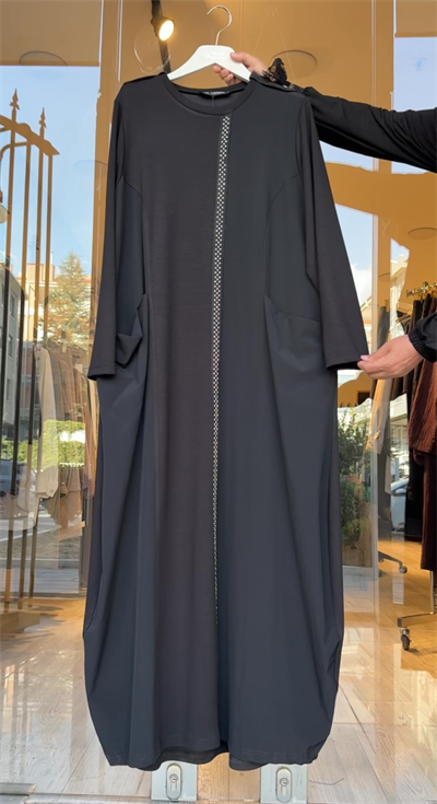Bambu Kumaş Ve Turkuaz Kumaş Kombinli Şerit Aksesuarlı Elbise -Siyah