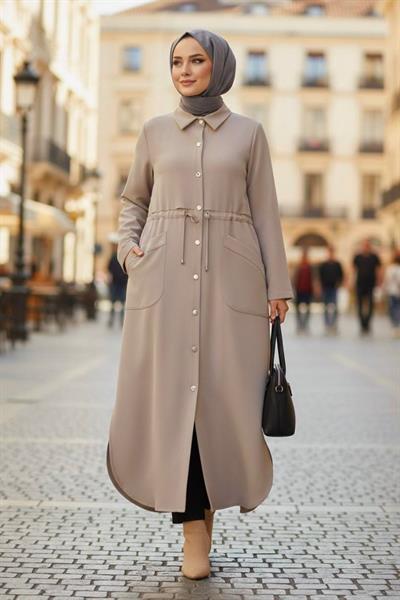 Belden Büzgülü Torba Cep Detaylı Trenç -Vizon