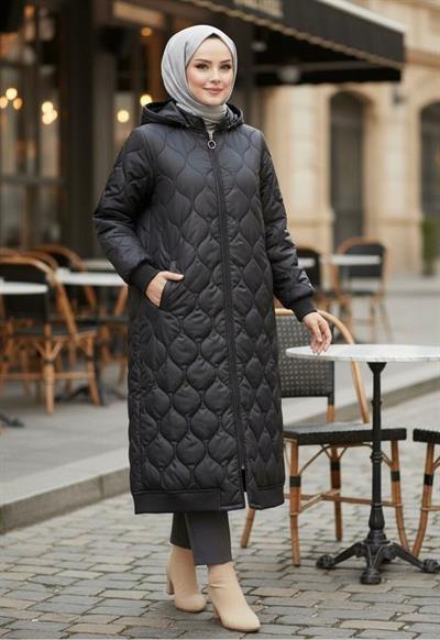 Desenli Kapitone Kumaş Etek Altı Ve Kolları Ribanalı Mont -Siyah