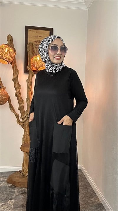 File Kumaş Jileli Elbise -Siyah 