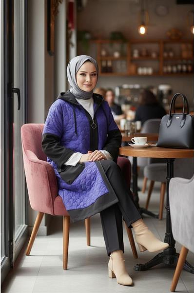 İnce Kapitone Kumaş Ve Paraşüt Kumaş Kombinli Cepler Kuş Gözü Aksesuarlı Ceket -Mor